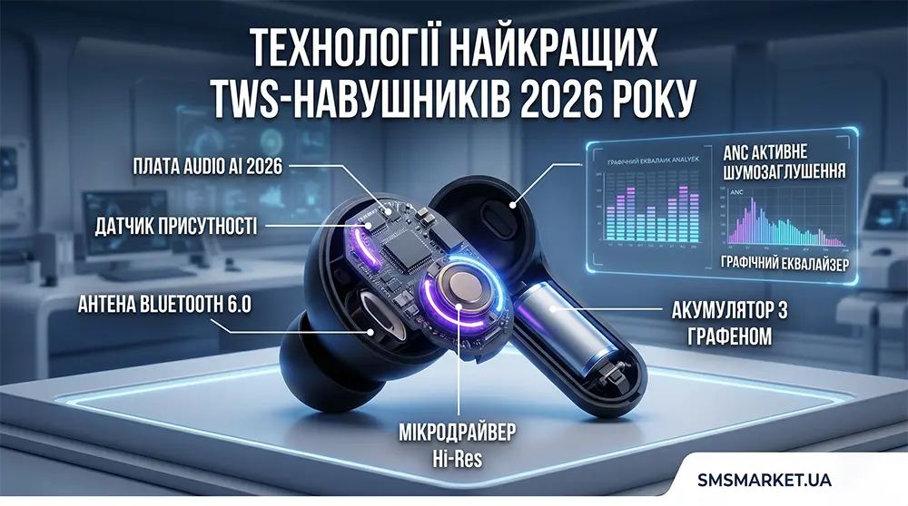 Деталізована схема анатомії бездротового TWS-навушника 2026 року з внутрішніми компонентами: платою Audio AI, антеною Bluetooth 6.0 та мікродрайвером Hi-Res. Гід по вибору від SMS Market.